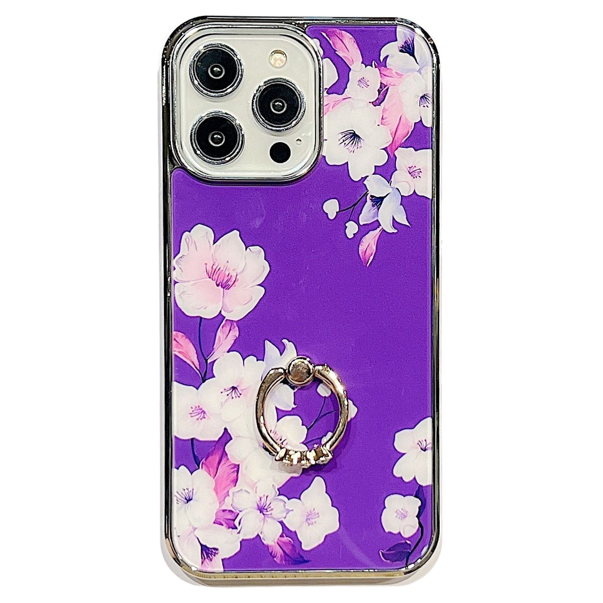 Uniqkart for iPhone 14 Pro Ring Kickstand Anti-fall Phone Case IMD Flower Pattern Electroplating PC+TPU Cover - Style F Uniqkart for iPhone 14 Pro Ring Kickstand Anti-fall Phone Case IMD Flower Pattern Electroplating PC+TPU Cover - Style F